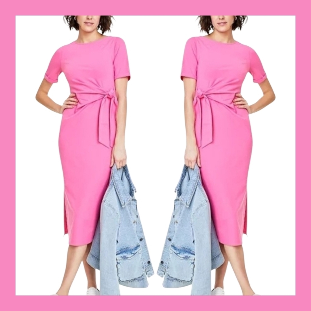 Tie-Waist Pink Midi Dress with Side Slit